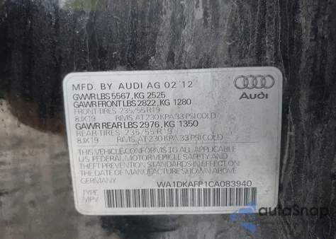 2012 Audi Q5 3.2 Premium Plus from USA, damaged, VIN WA1DKAFP1CA083940
